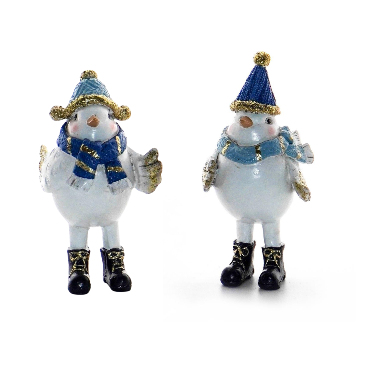 Two plump white bird figurines in blue and gold knit hats, blue scarves and black lace-up boots