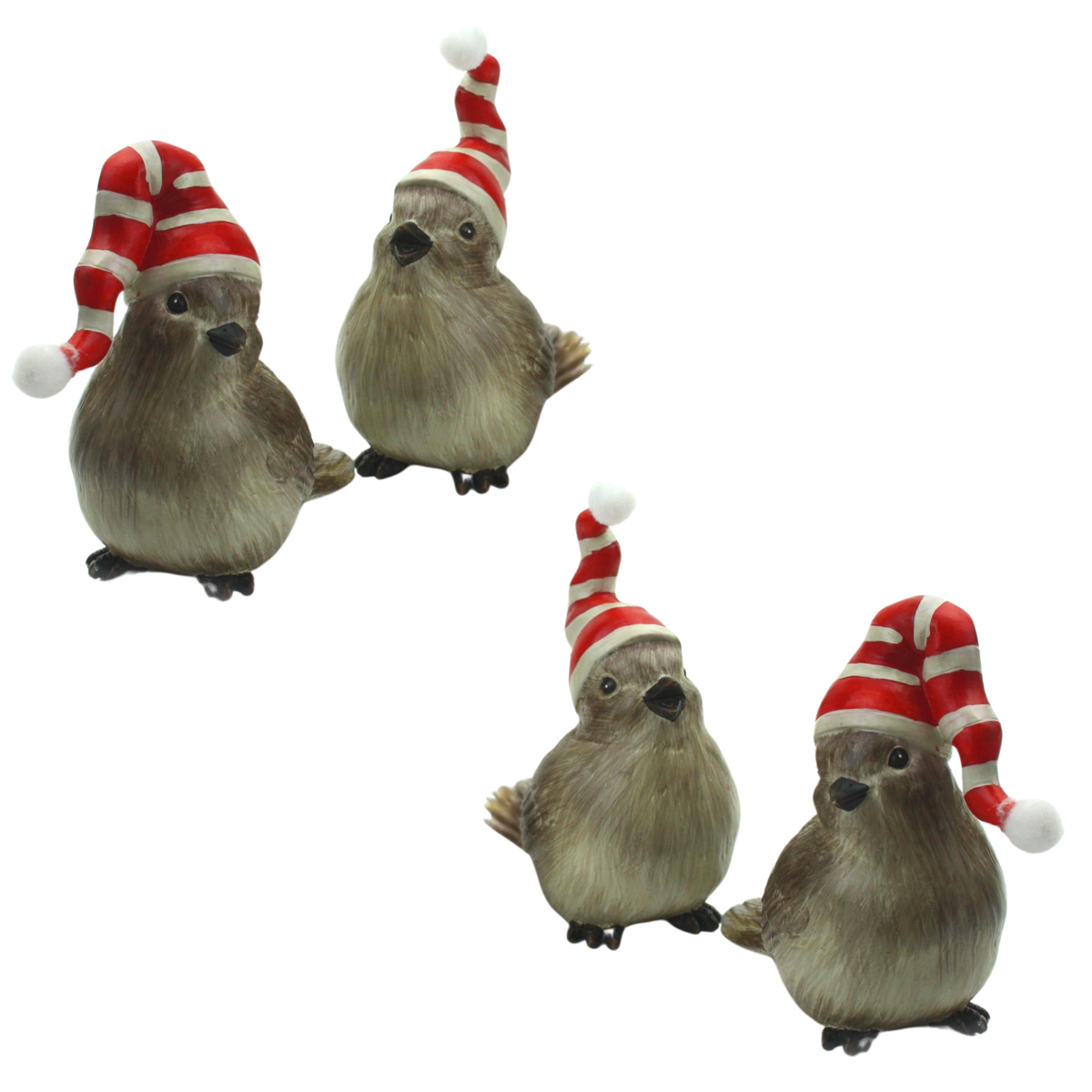 Two plump brown bird figurines wearing tall red and white striped Santa hats, shown from front and side angles