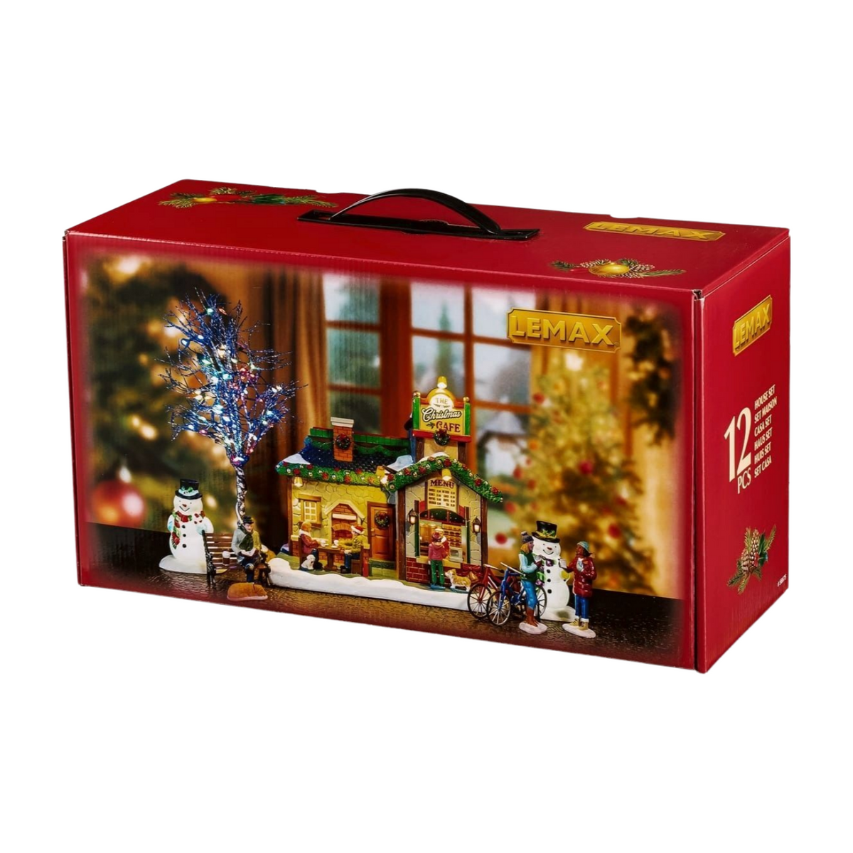 Lemax 12-piece Christmas Cafe village set packaging front showing lit cafe building, decorated tree, snowmen, and figurines