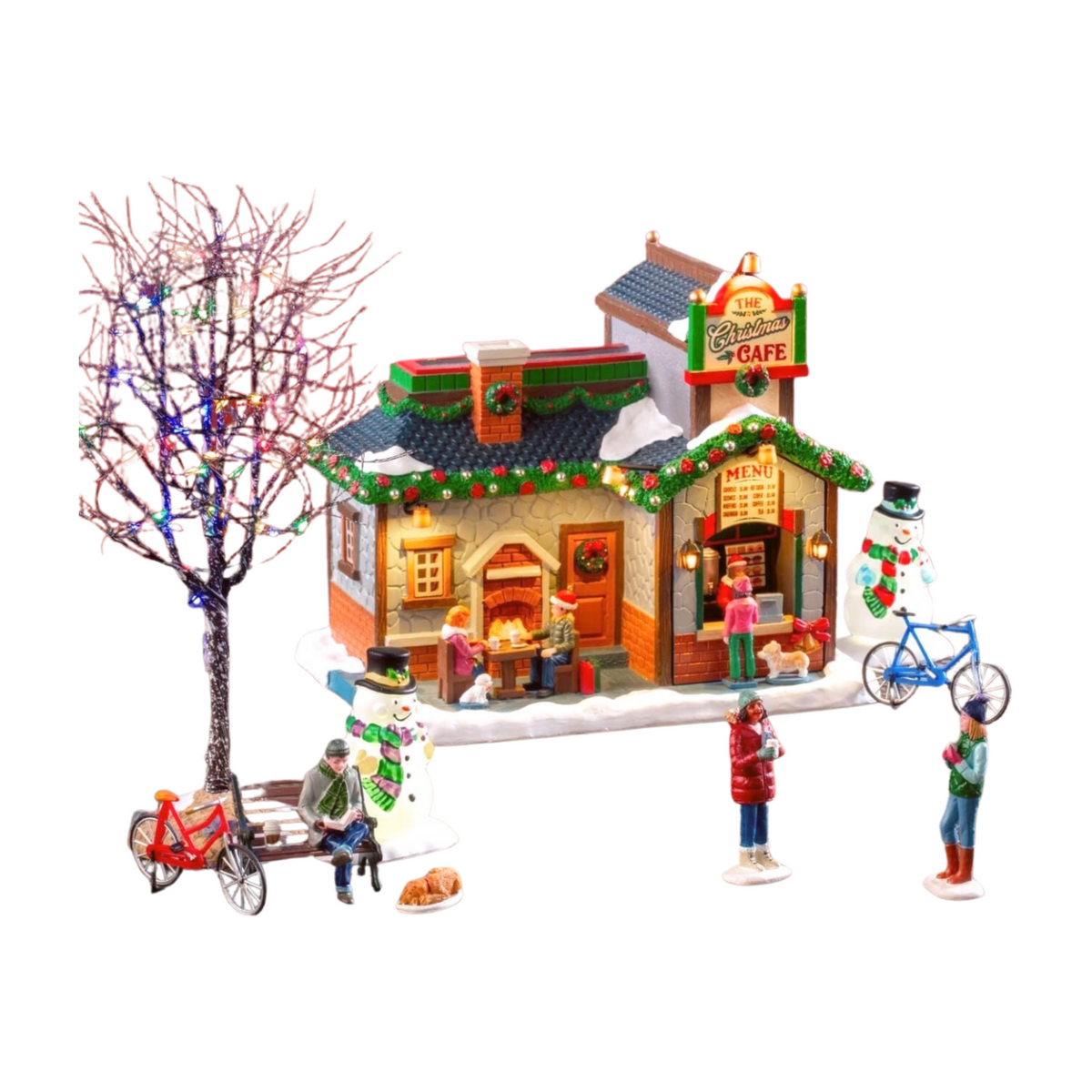 Lemax 12-piece Christmas village scene with lit Christmas Cafe building, bare decorated tree, snowmen, cyclist figurines, and bench sitter