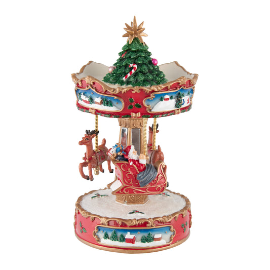 Christmas carousel music box with Santa in sleigh, reindeer, Christmas tree topper and winter scene panels