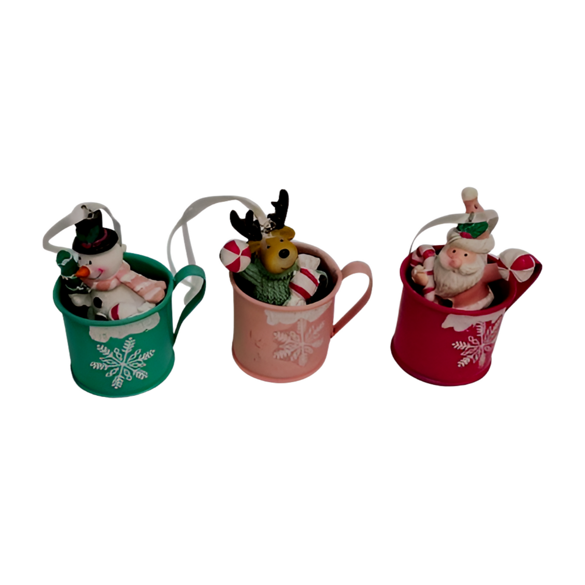 Christmas coffee mug ornaments featuring Santa, snowman, and reindeer designs in red, green, and pink mugs