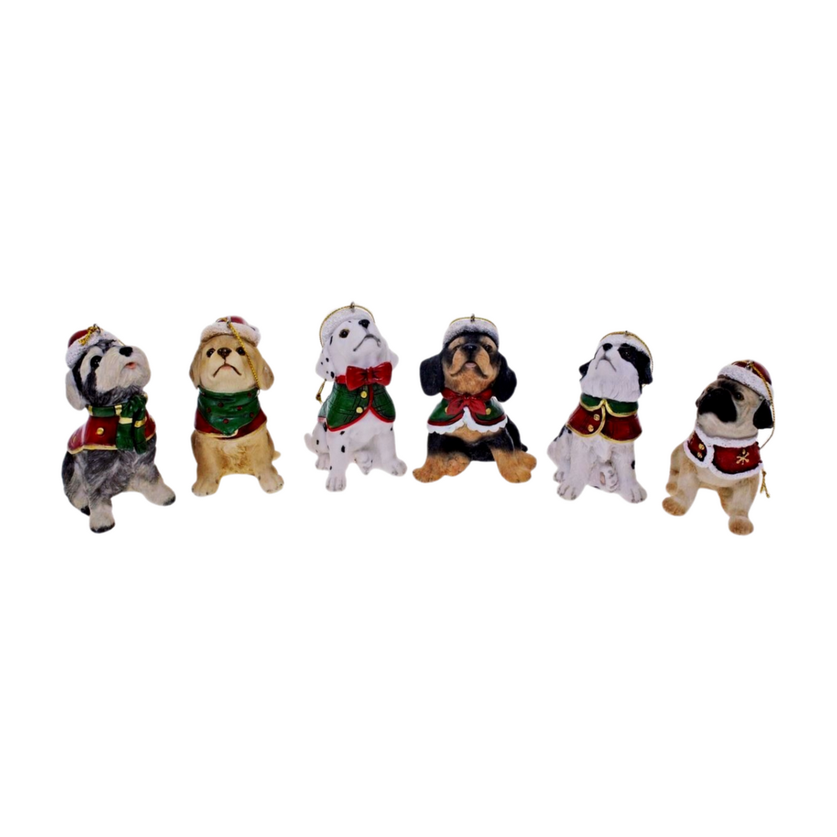 Six dog Christmas ornaments wearing Santa hats and festive red and green outfits
