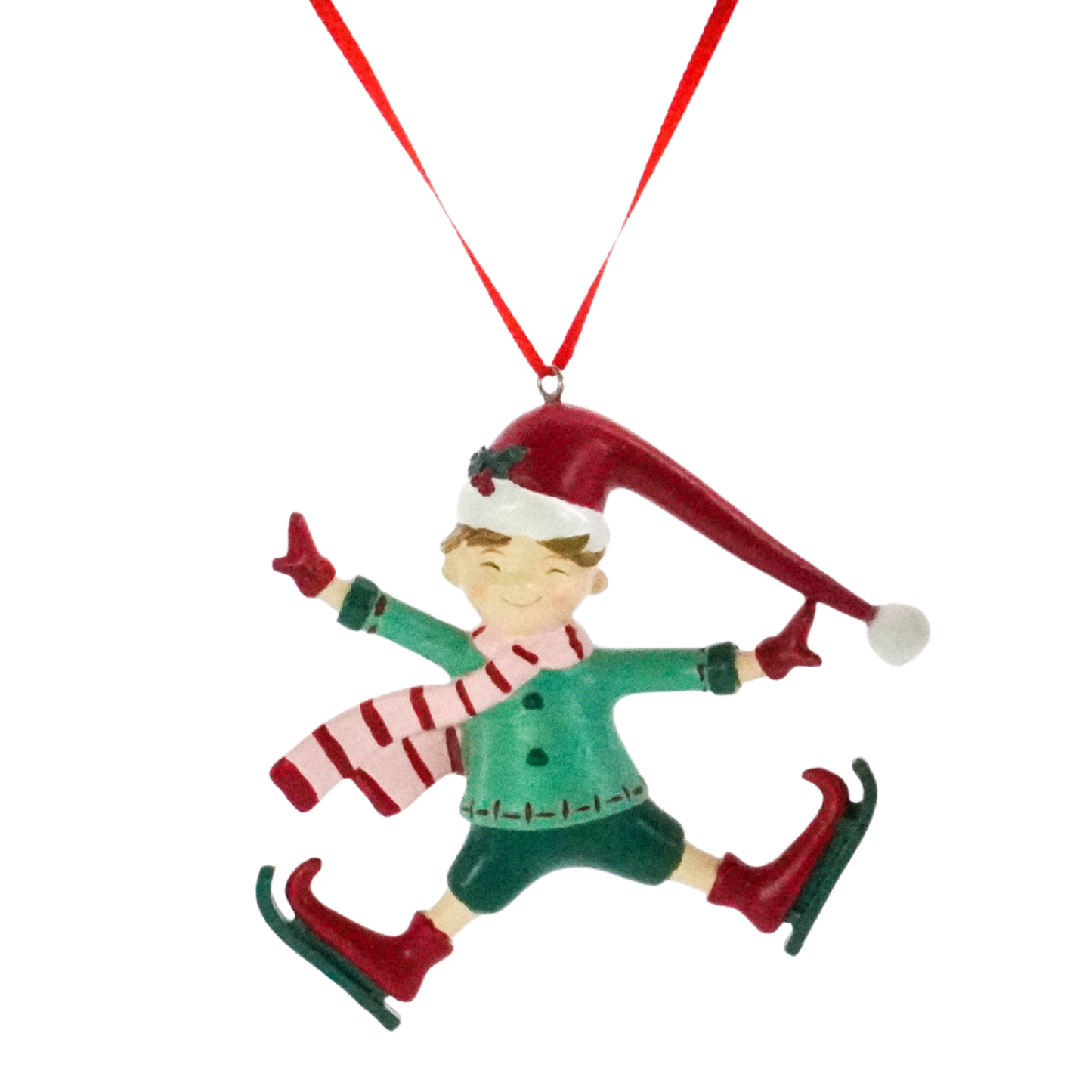Christmas elf tree decoration ice skating with arms outstretched, wearing a green top, striped scarf and red hat