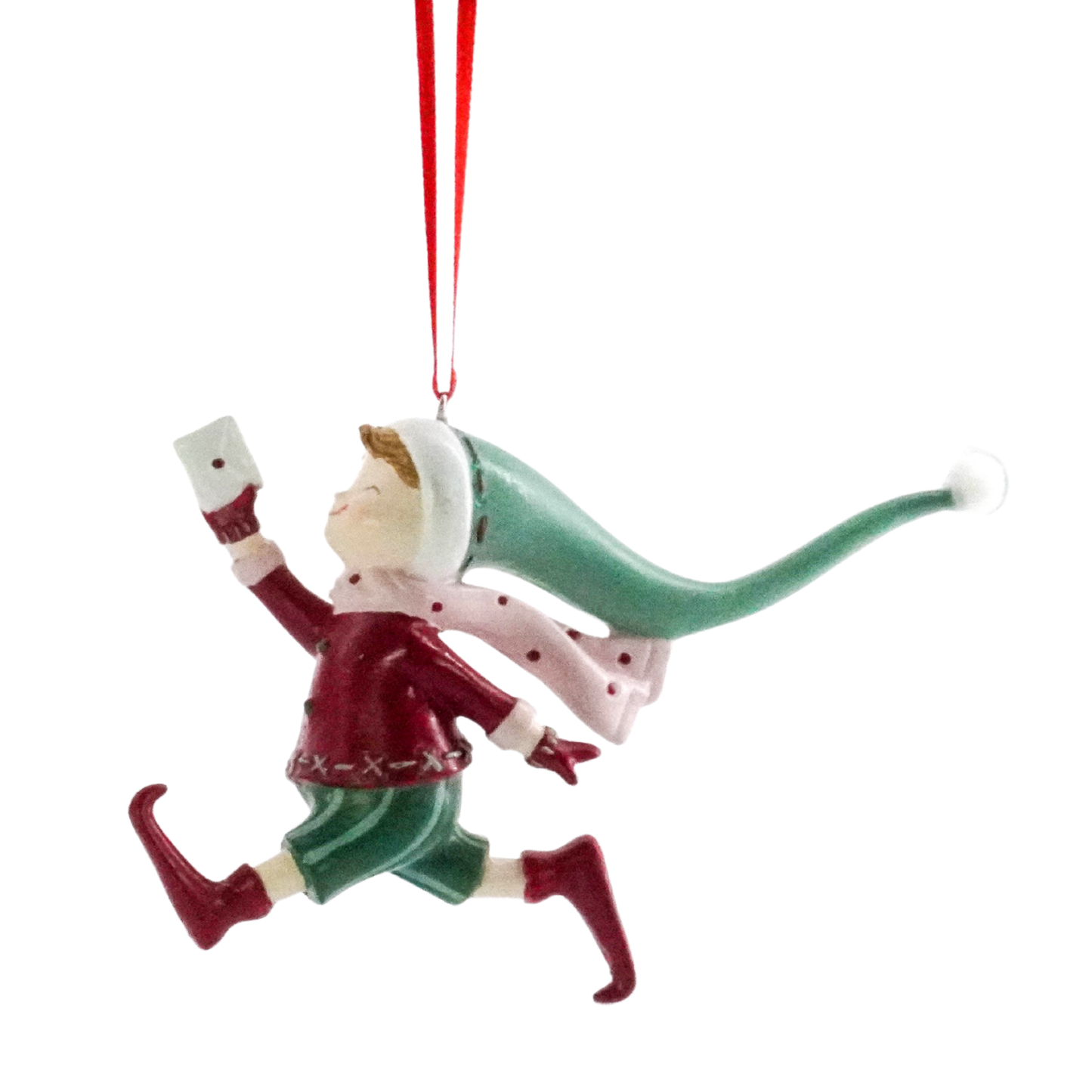 Christmas elf tree decoration running with a letter, wearing a red jacket and long flowing green hat
