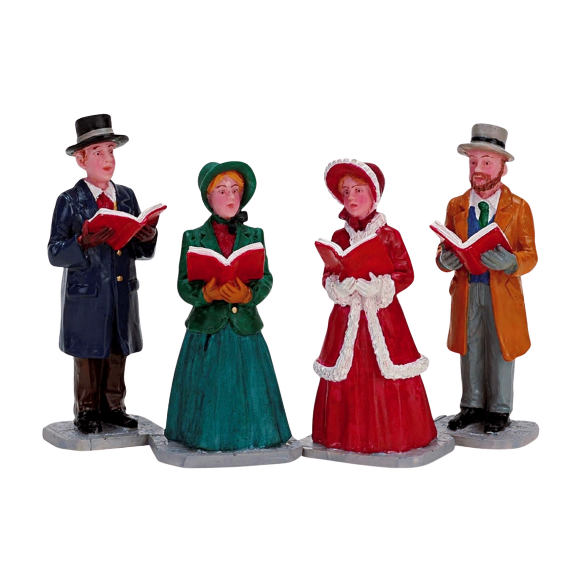 Set of four Victorian carol singer figurines in red, green, and navy winter coats holding red song books