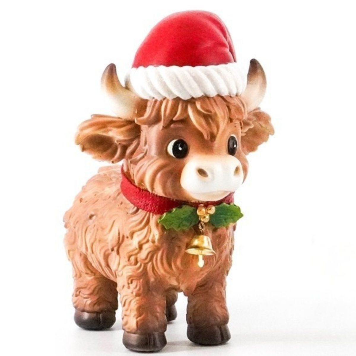Highland cow figurine wearing a red Santa hat and holly jingle bell collar
