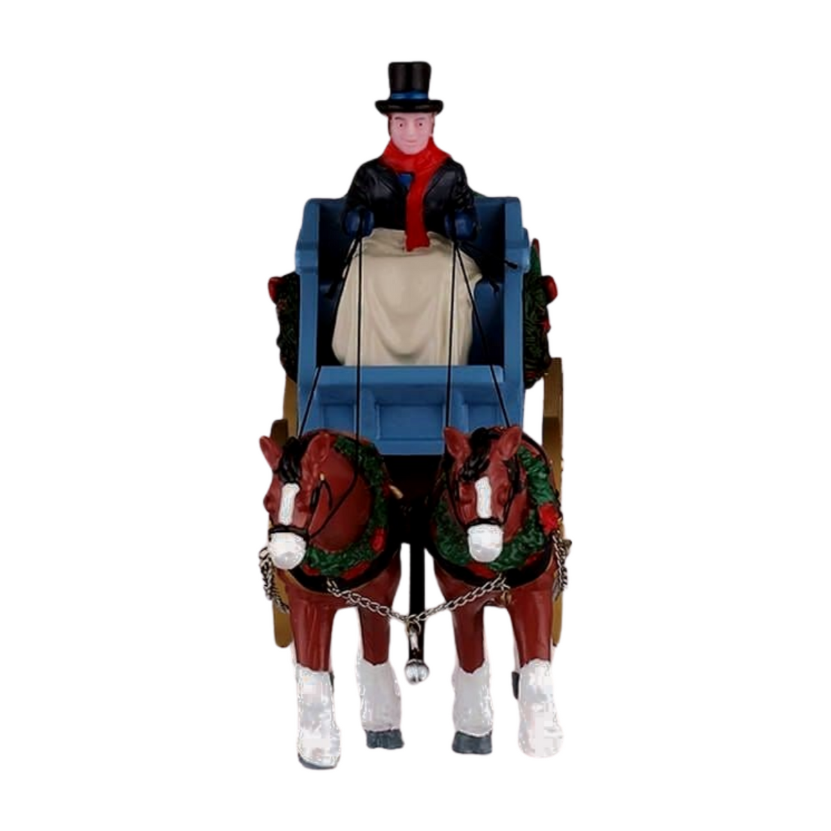 Front of Christmas village horse-drawn wagon figurine with two wreath-adorned horses and a driver in a top hat and red scarf