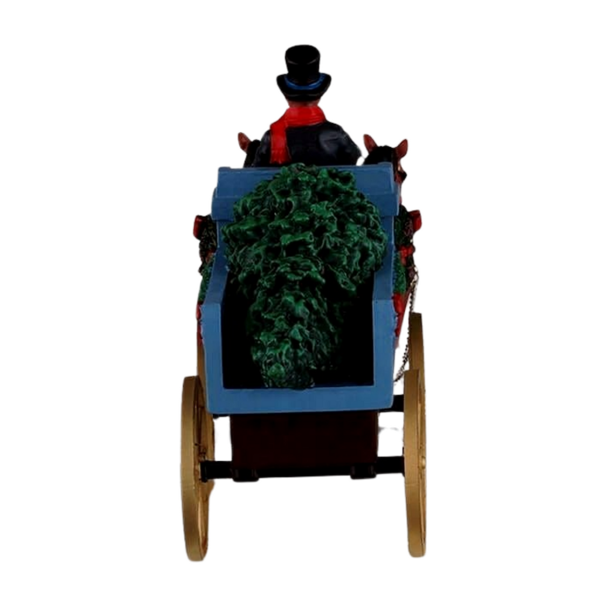 Rear of Christmas village horse-drawn wagon figurine showing blue cart loaded with Christmas trees and driver in top hat 