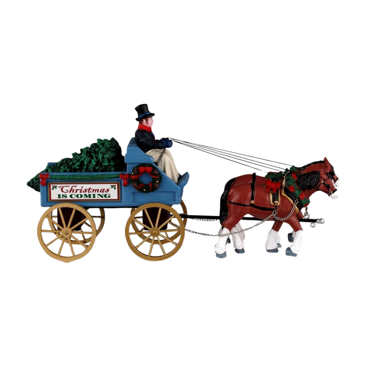 Side view of Christmas village horse-drawn wagon figurine with two horses wearing wreaths, Christmas Is Coming sign, and top-hatted driver