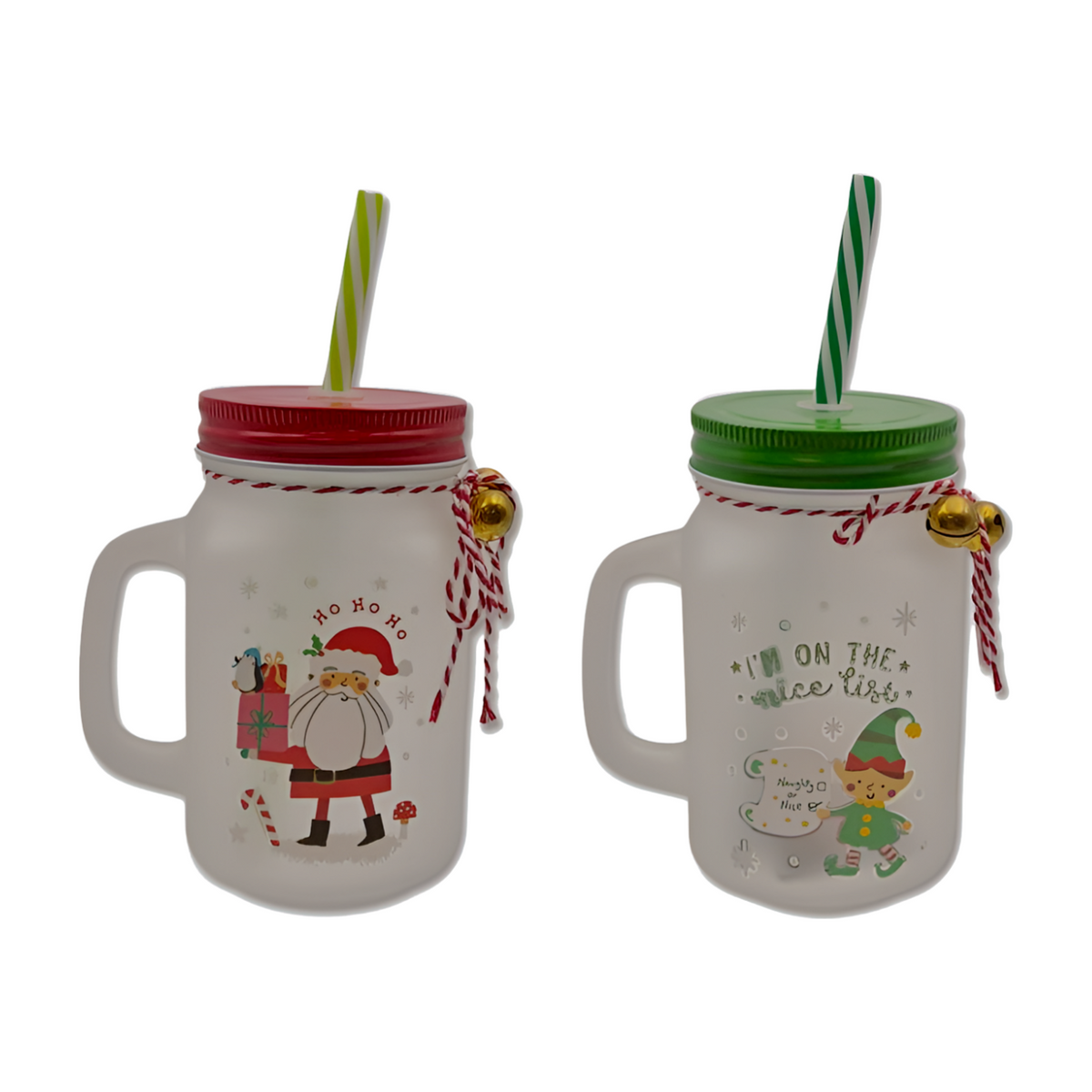 Two frosted glass Christmas mason jars with Santa Ho Ho Ho and Elf Nice List designs with striped straws
