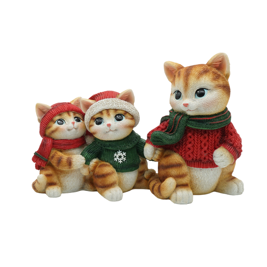 Mother cat and two kittens in festive knitwear Christmas figurine