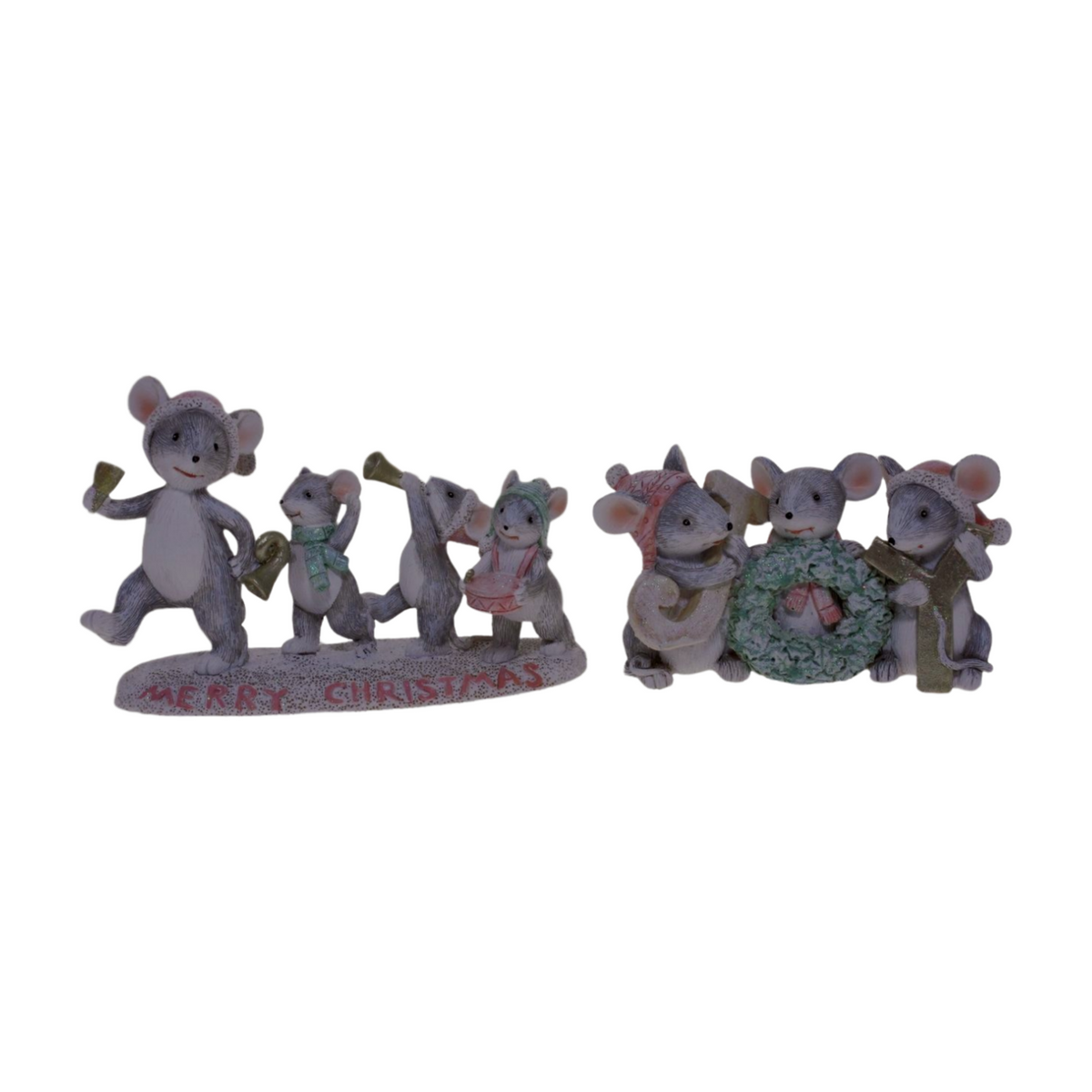 Two Christmas mouse figurines featuring groups of mice in winter scarves and hats holding instruments, gifts, and a wreath