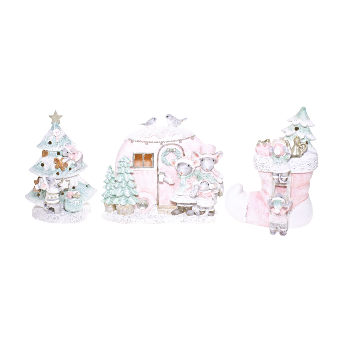 Three Christmas mouse house ornaments with glowing interiors, pastel colors, and festive details