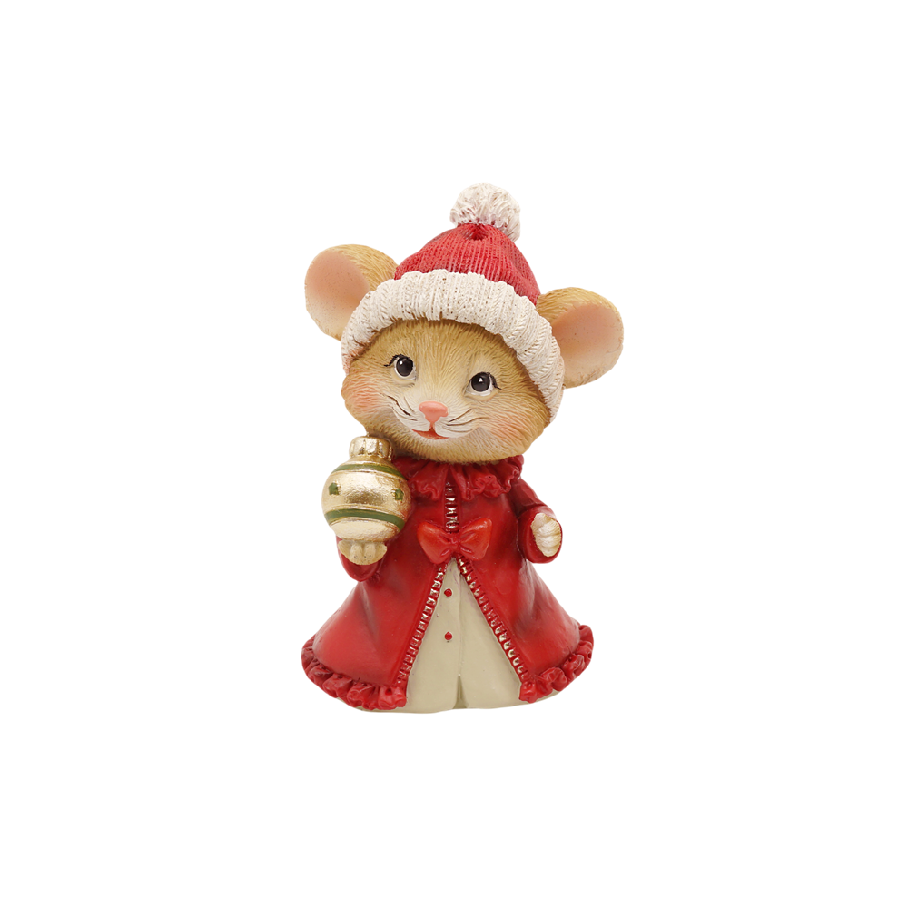 Mouse figurine in a red coat and bobble hat holding a gold Christmas bauble