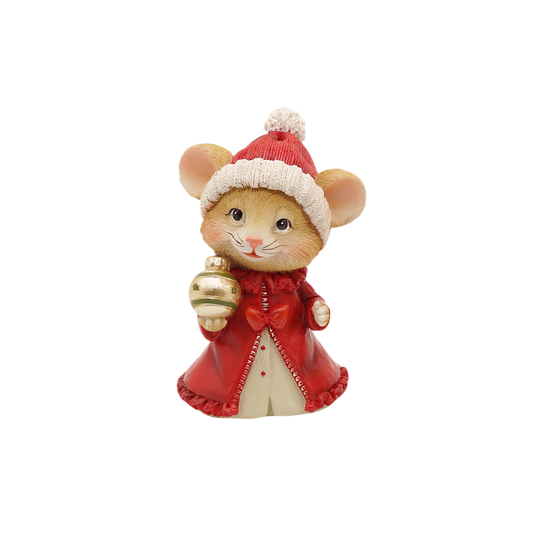 Mouse figurine in a red coat and bobble hat holding a gold Christmas bauble