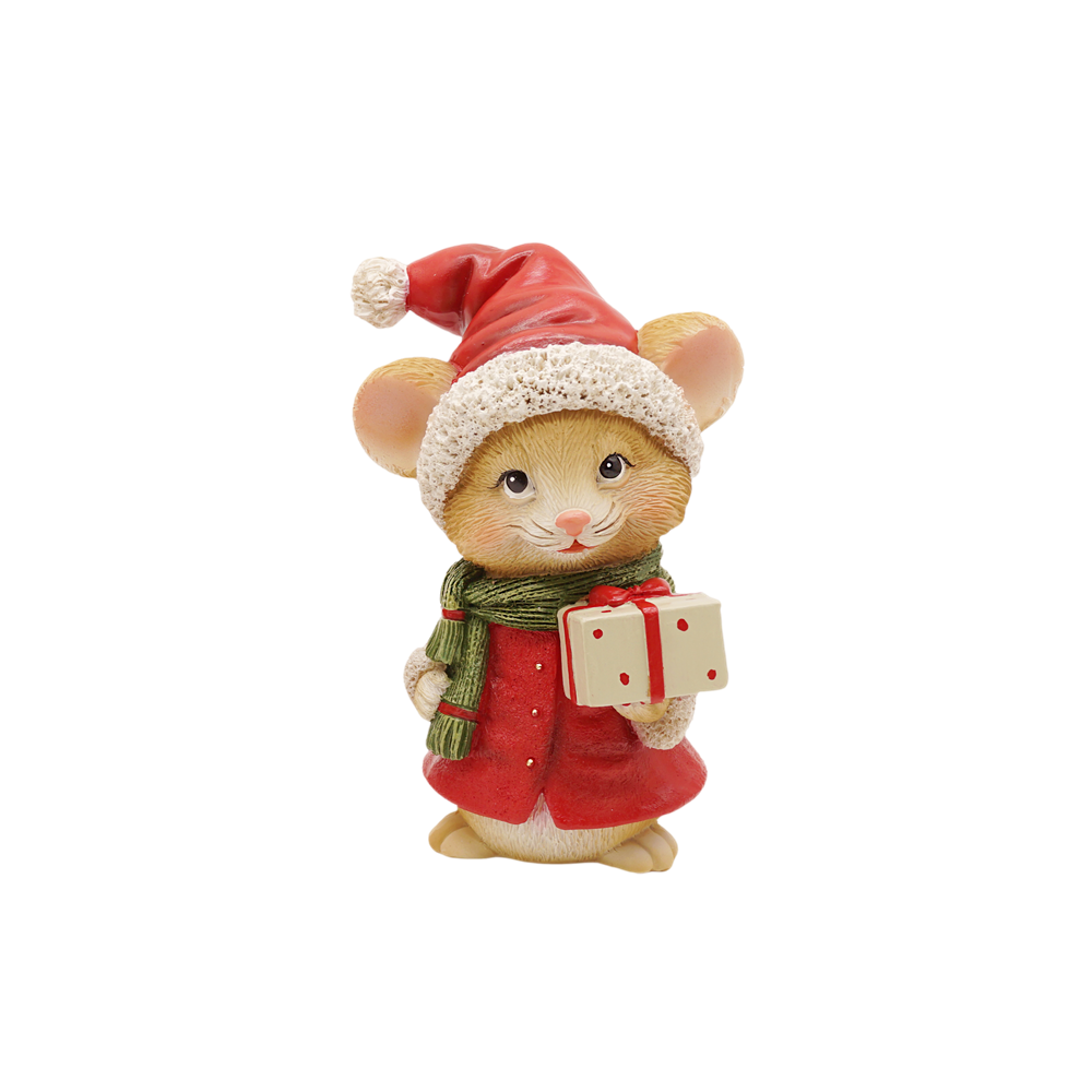 Mouse figurine in a red coat, Santa hat and green scarf holding a spotty gift box