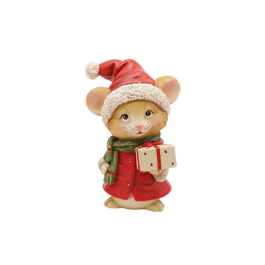 Mouse figurine in a red coat, Santa hat and green scarf holding a spotty gift box