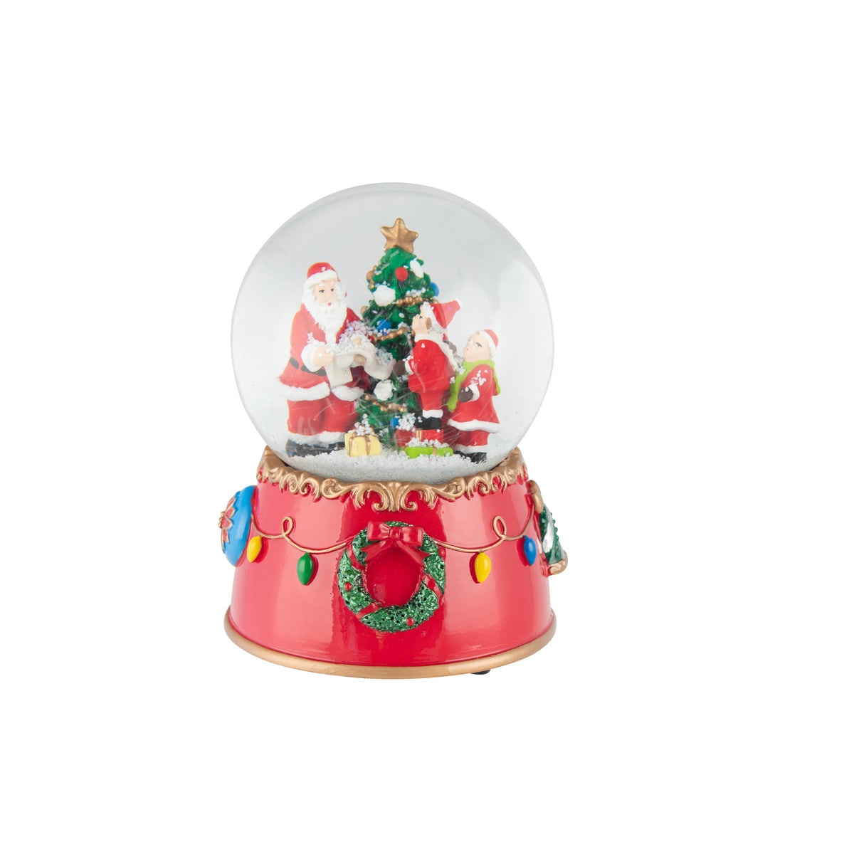Christmas snow globe with Santa and children around a decorated tree, on a red base with wreath and string lights