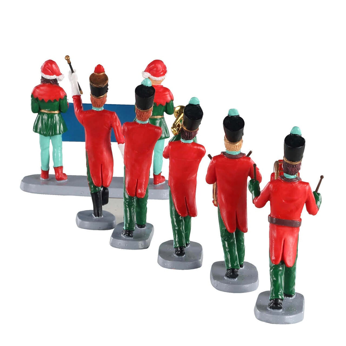 Rear view of Lemax Christmas marching band figures and banner-carrying elves on grey bases