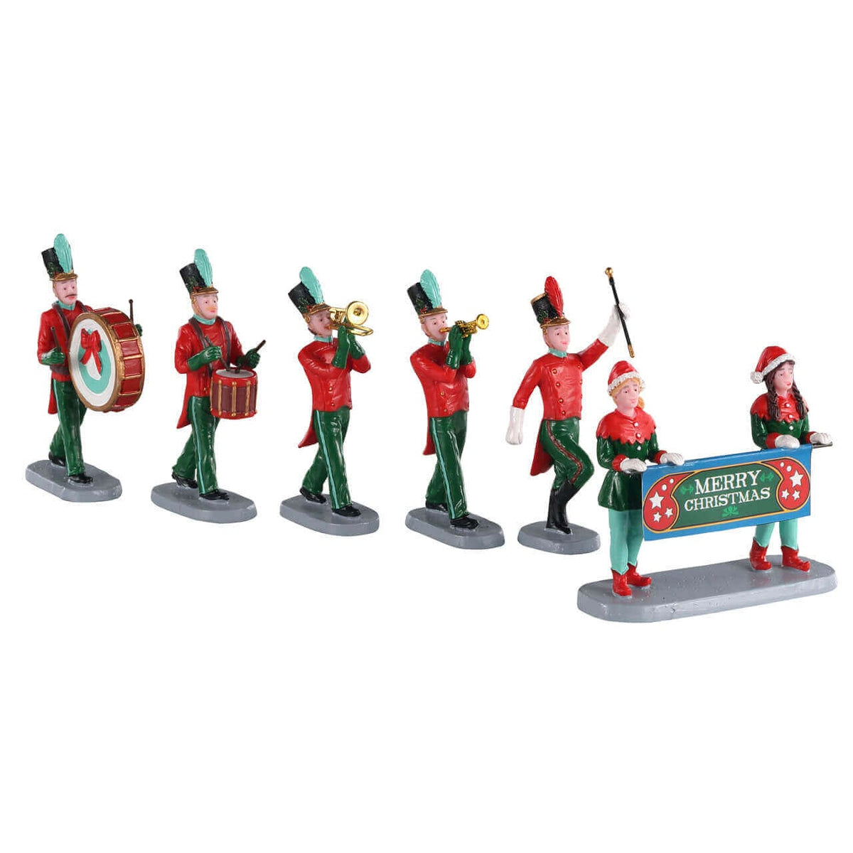 Lemax Christmas marching band figures playing drums, trombone, trumpet and baton, with Merry Christmas banner