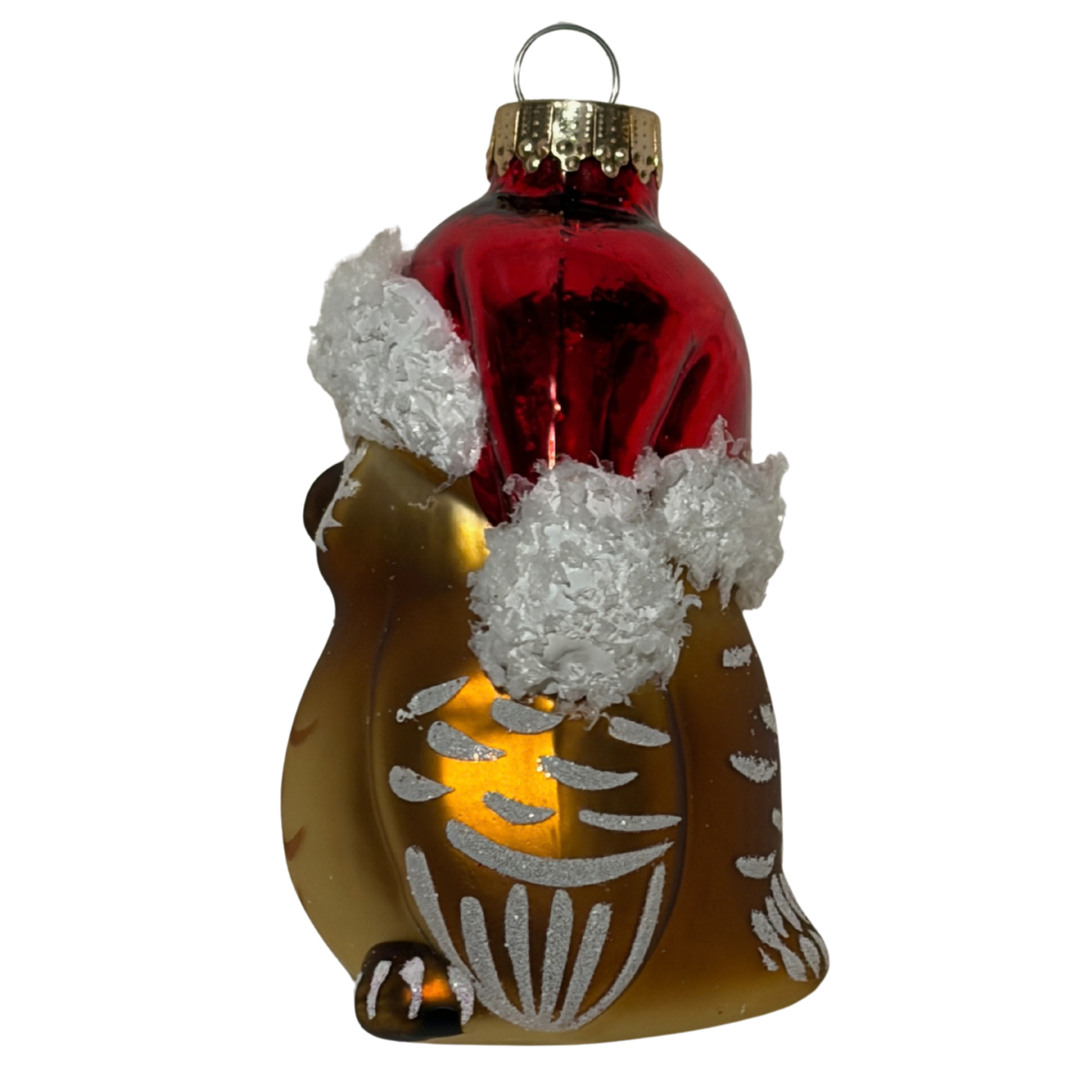 Golden owl Christmas tree decoration wearing a red Santa hat