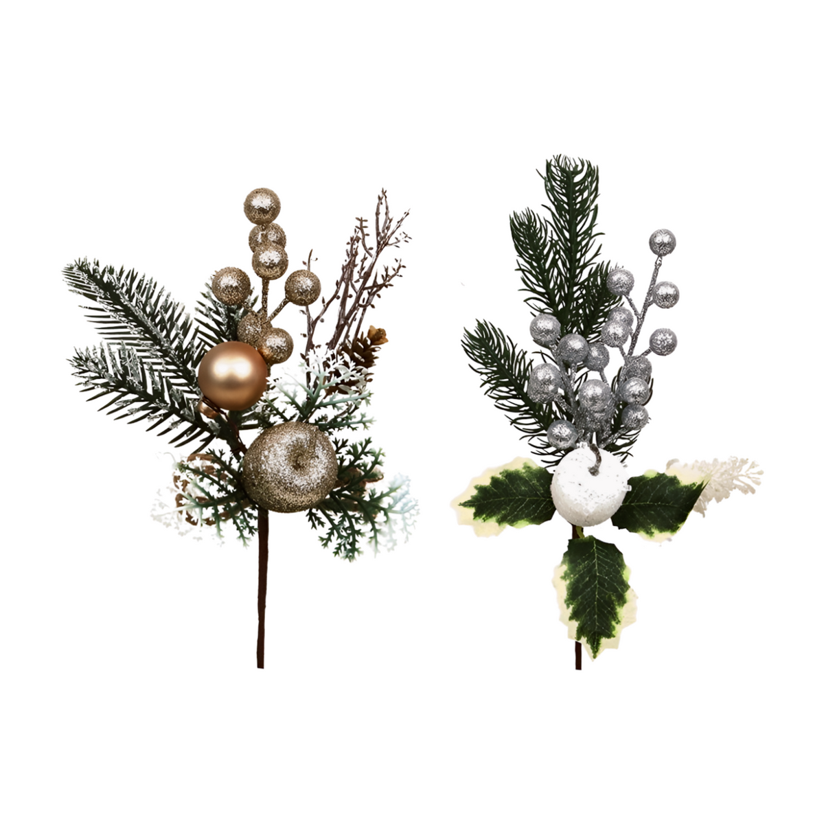 Champagne and silver Christmas picks with baubles, glitter berry clusters, pine sprigs, and mixed foliage