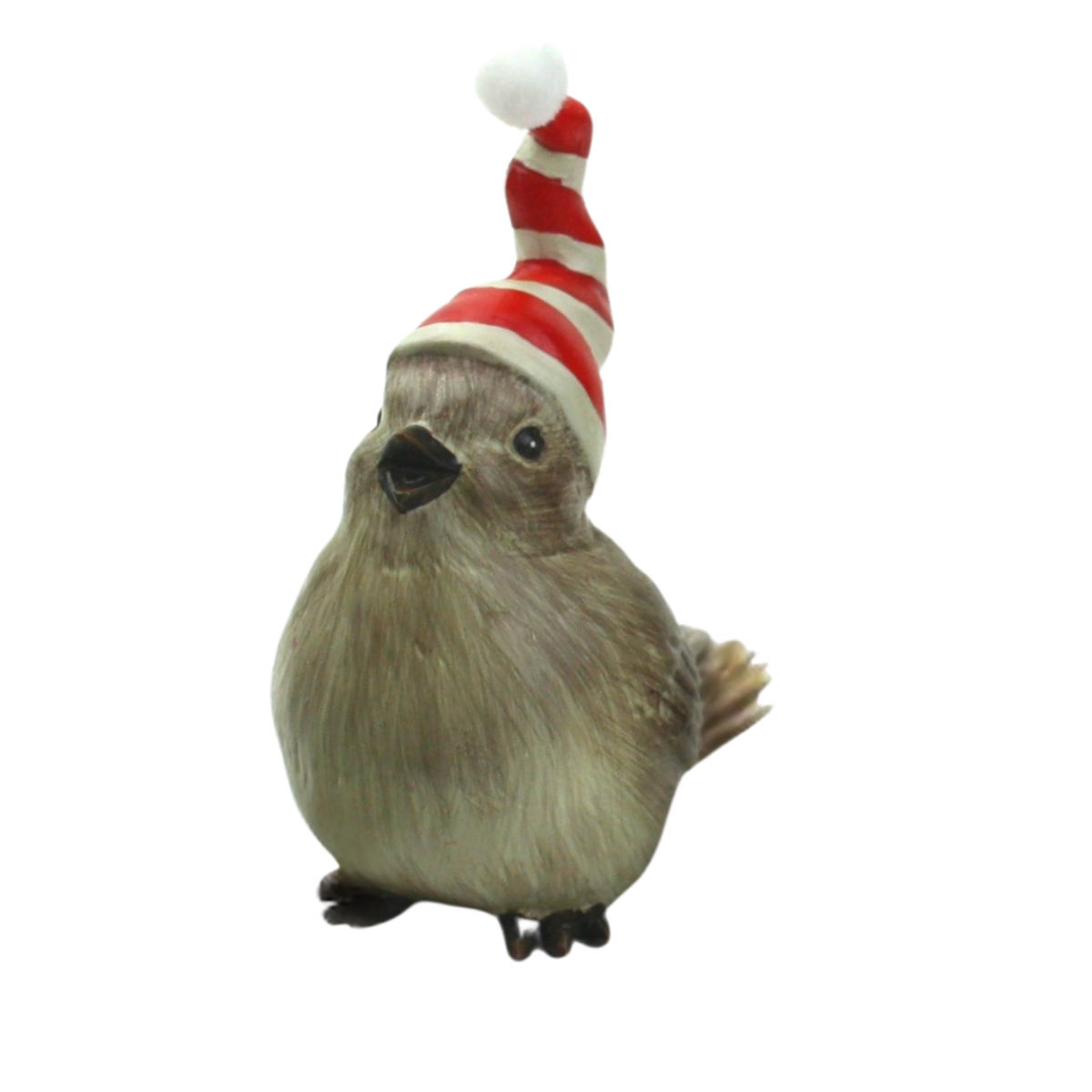 Plump brown bird figurine facing forward wearing a tall red and white striped Santa hat with a pompom tip