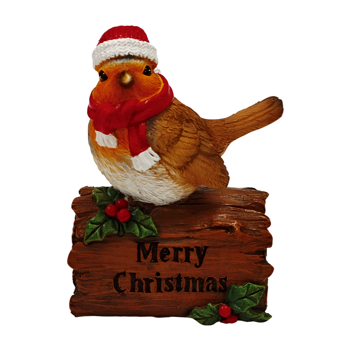 Robin figurine in Santa hat and red scarf perched on a Merry Christmas log with holly