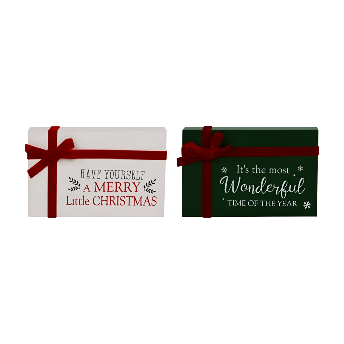 Two Christmas sentiment gift block signs — white with Merry Christmas text and green with Wonderful Time of the Year, both with red bows