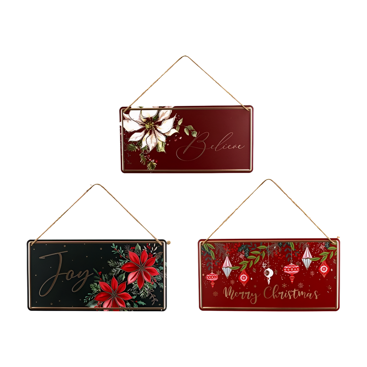 Three Christmas hanging signs in burgundy, black and red with Believe, Joy and Merry Christmas sentiments and festive designs