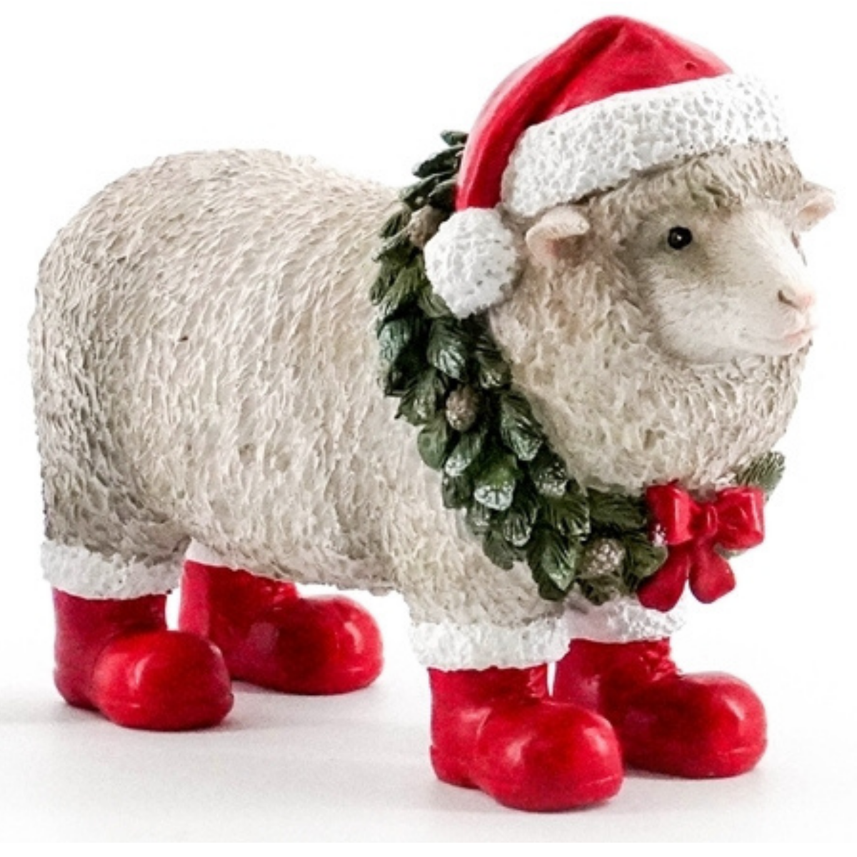 White sheep Christmas decoration wearing red Santa boots, Santa hat and a pine wreath with red bow