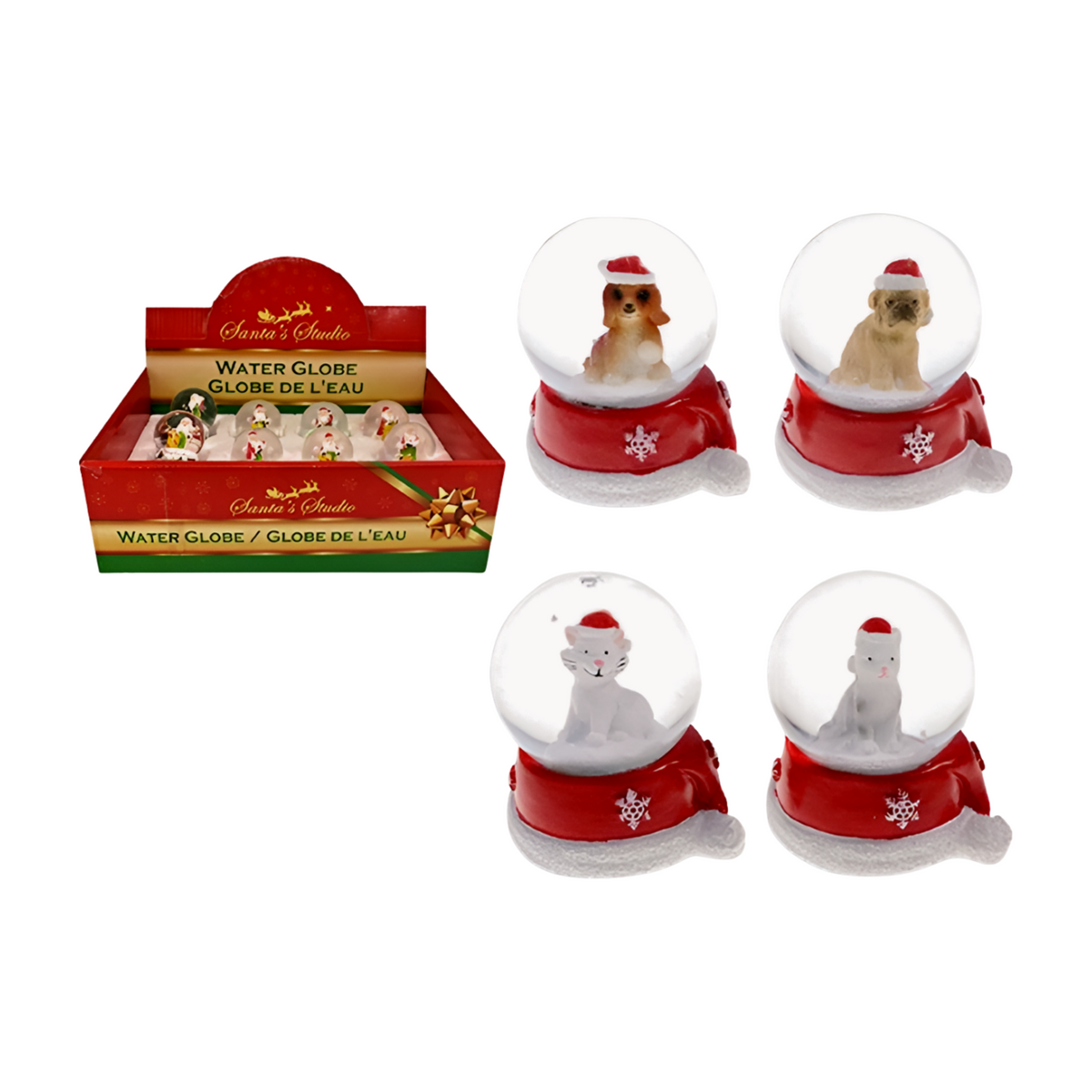 Four miniature Christmas snow globes on red Santa hat bases with brown puppy, golden puppy, tabby kitten and white kitten