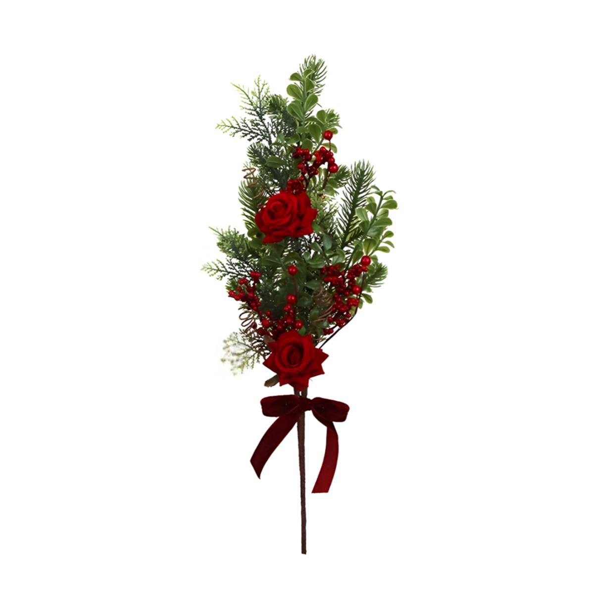 Christmas spray pick with pine sprigs, red roses, berry clusters, eucalyptus, and a burgundy velvet bow