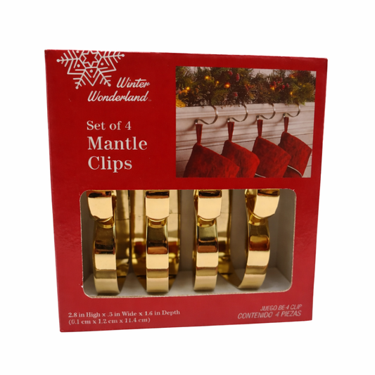 Set of 4 Christmas stocking mantle clips in a warm gold finish