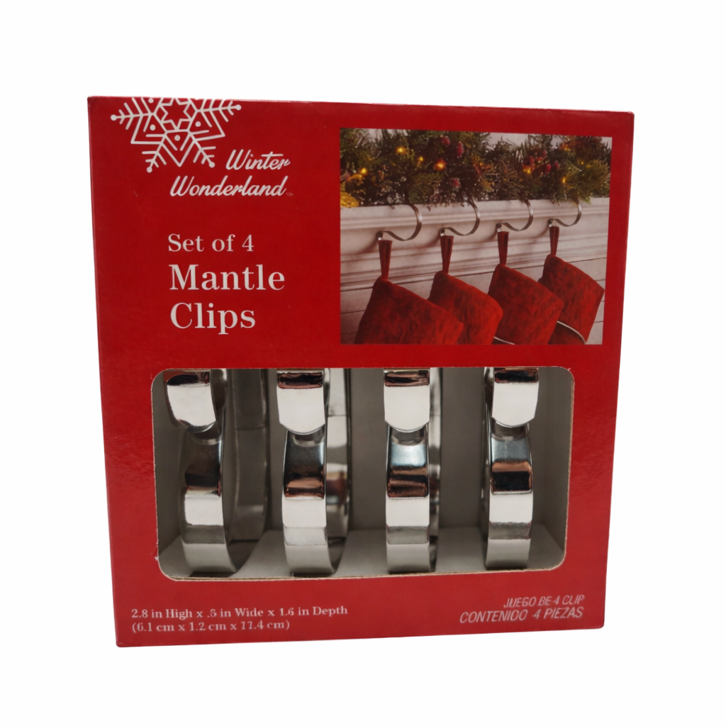 Set of 4 Christmas stocking mantle clips in a polished silver finish
