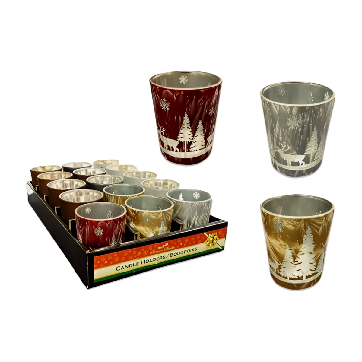 Three Christmas glass tealight candle holders with winter forest and reindeer scene in red, silver and gold