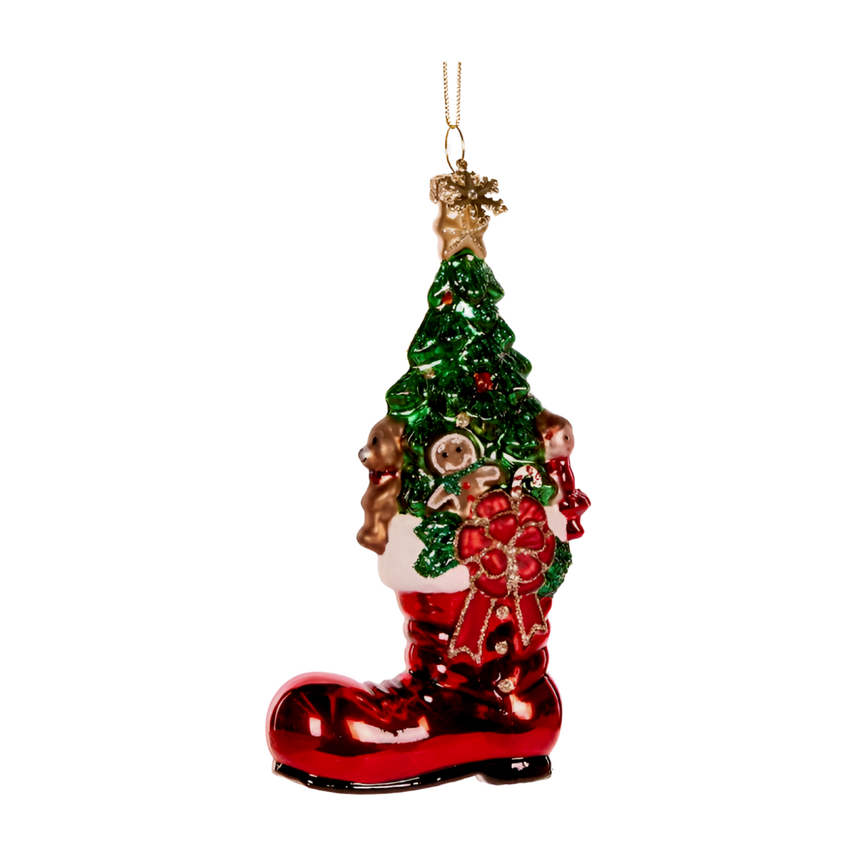 Glass decoration of a green Christmas tree with gingerbread figures and candy canes inside a shiny red boot