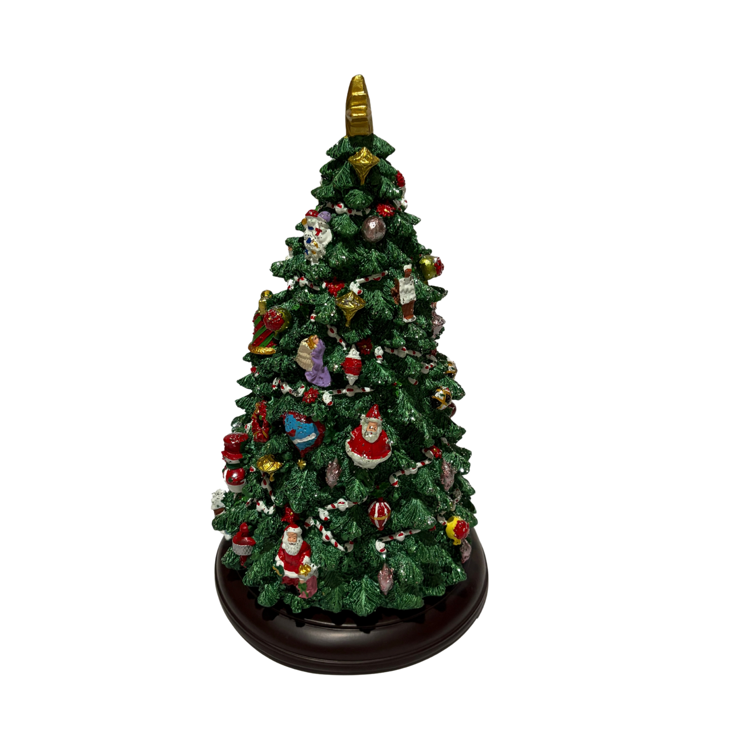 Musical Christmas tree with colourful ornaments, candy canes, presents, and golden star topper