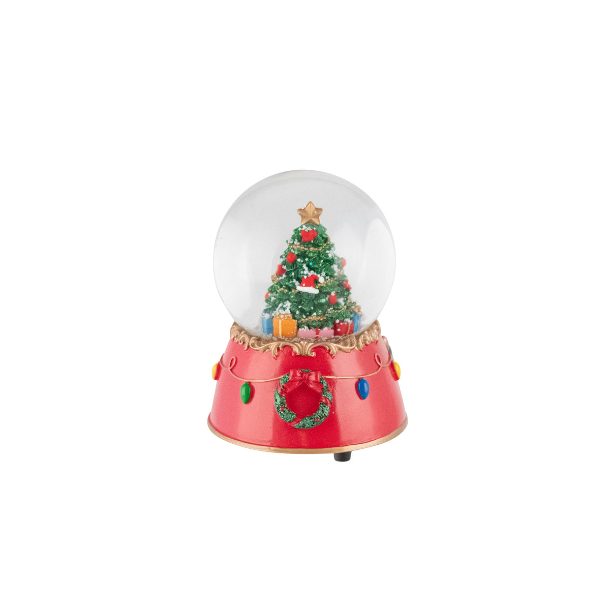 Christmas tree snow globe with gold star topper and gifts inside, on a red base with wreath and light bulbs
