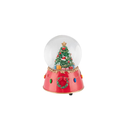Christmas tree snow globe with gold star topper and gifts inside, on a red base with wreath and light bulbs