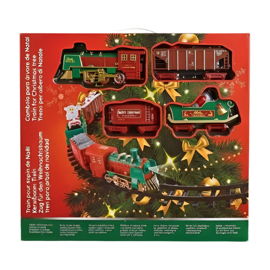 Red and green Christmas tree train set with locomotive, cargo cars, and “Merry Christmas” carriage