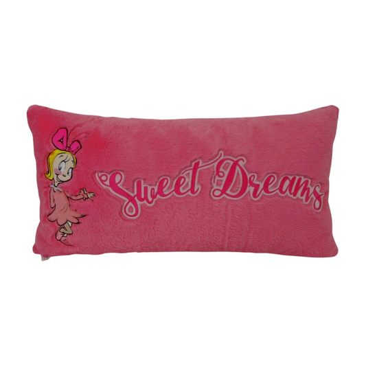 Pink rectangular cushion with the words “Sweet Dreams” and an embroidered image of Cindy Lou from the Grinch story