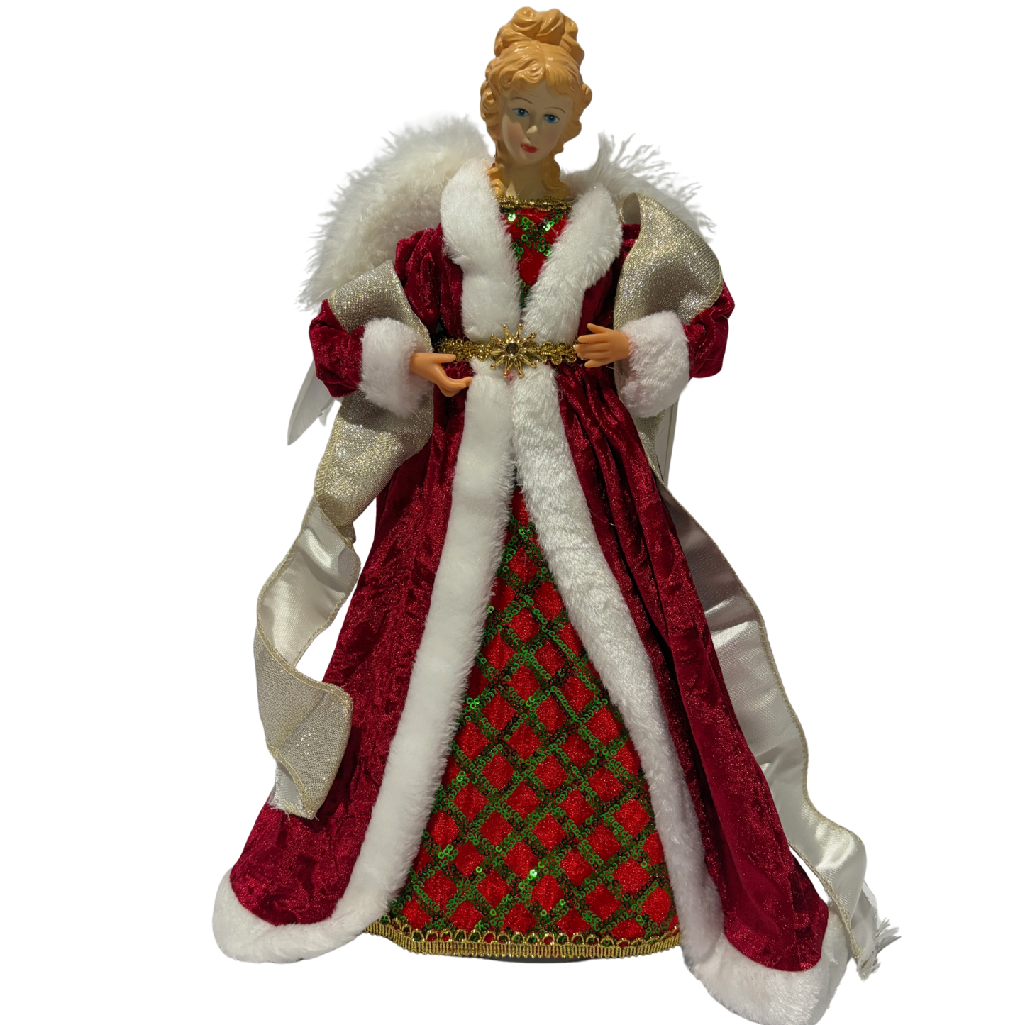 Red and green angel tree topper with white faux fur trim, gold ribbon, and feathered wings