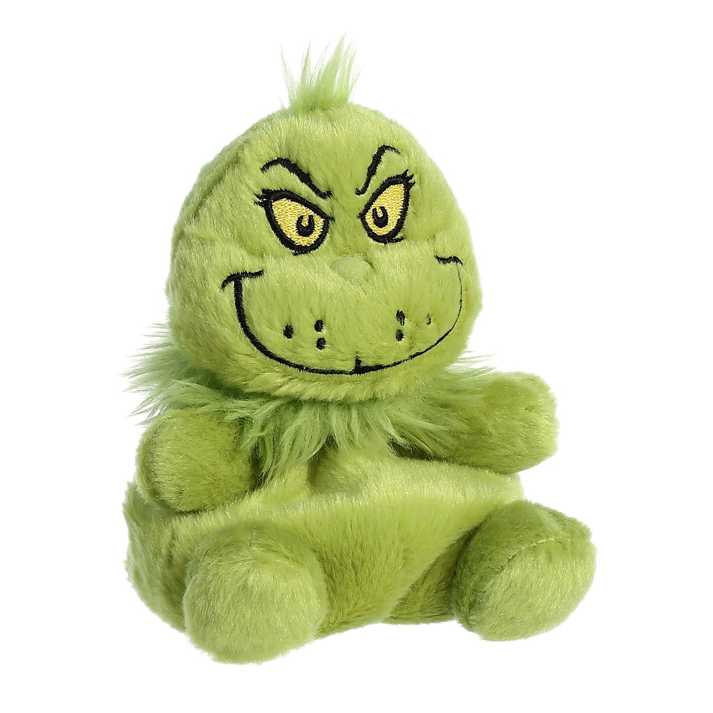 Mini green Grinch plush toy with embroidered face and fluffy tuft of hair
