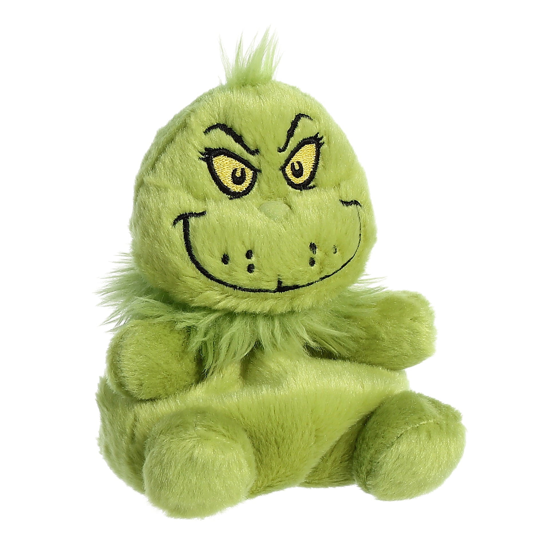 Mini green Grinch plush toy with embroidered face and fluffy tuft of hair