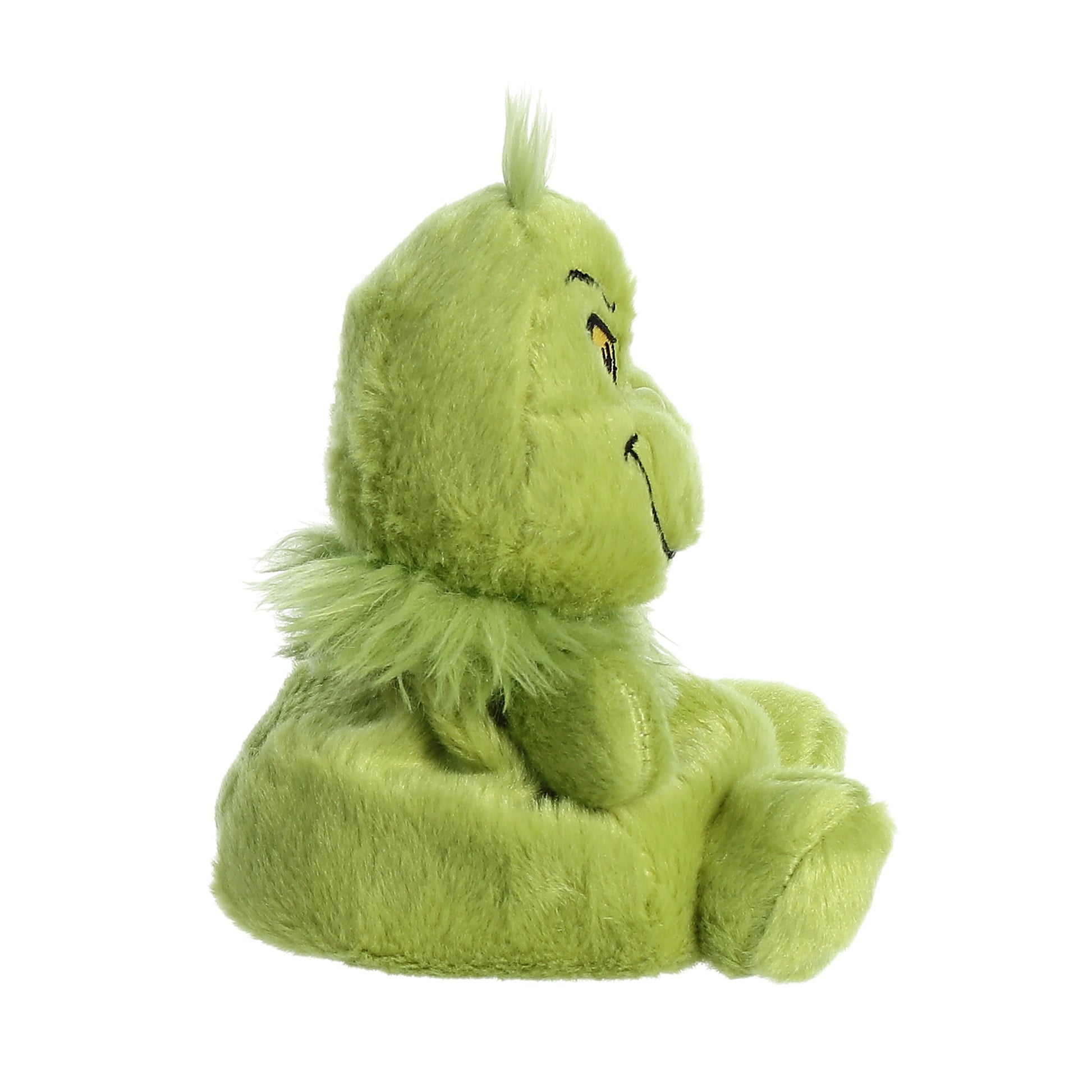 Mini green Grinch plush toy with embroidered face and fluffy tuft of hair