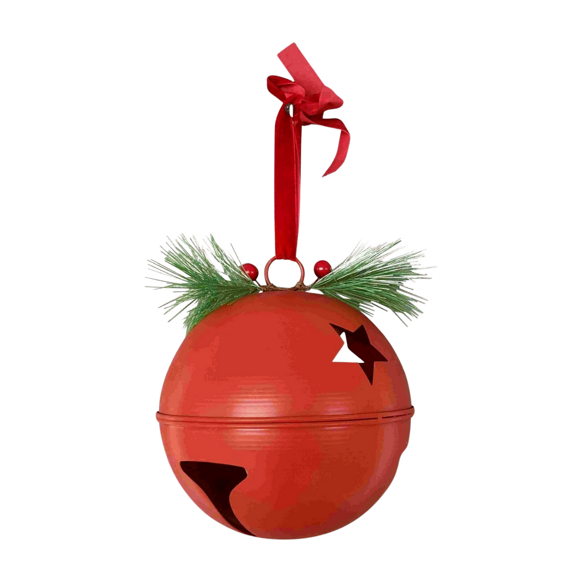 Red decorative bell ornament with ribbon and pine accents