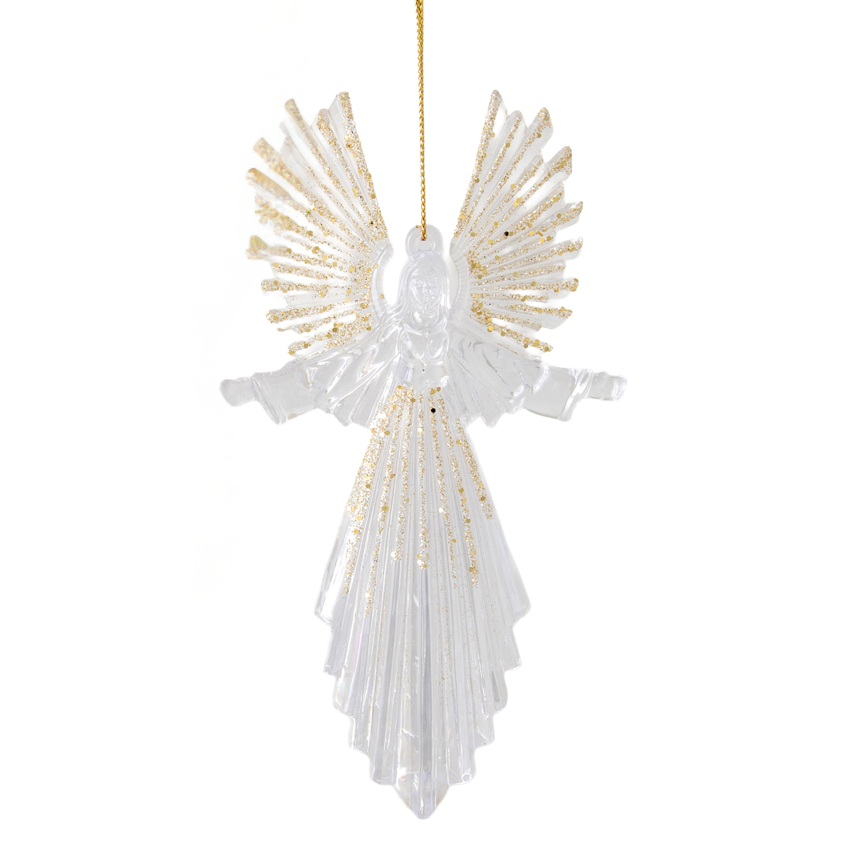 Clear Acrylic Angel Christmas Tree Decoration with Gold Glitter – Arms Out