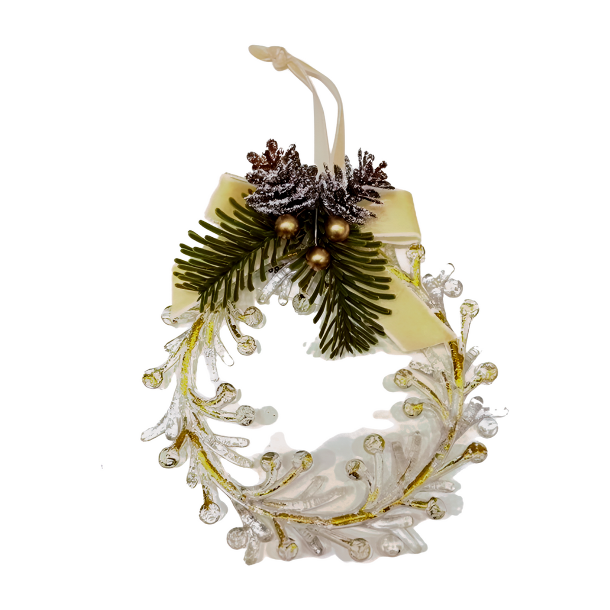 
Clear and gold iced wreath Christmas tree decoration with pine sprig, gold berries, glitter pinecone and cream ribbon hanger